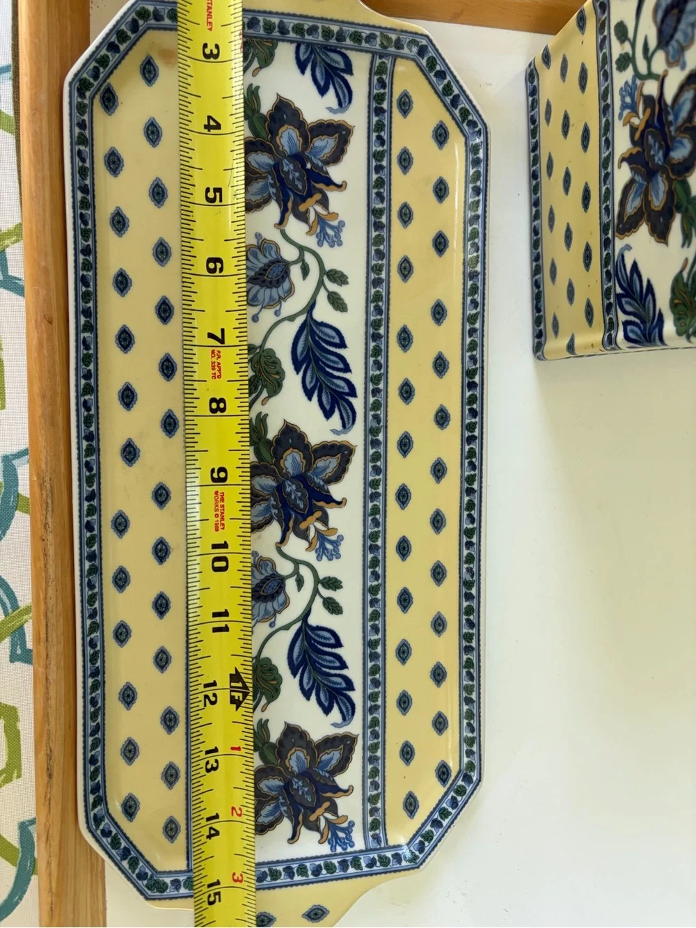 Yellow and Blue Floral Ceramic Bath Tissue Box Cover and Tray Set